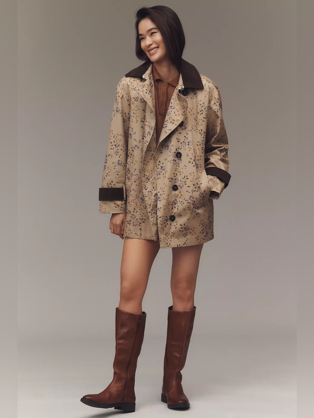 Anthropologie Women’s Beige Floral Trench Coat with Dark Collar